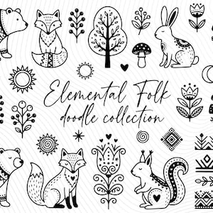 May include: Black and white doodle collection featuring woodland animals, trees, and floral elements. Includes a bear, fox, squirrel, rabbit, and mushroom illustrations. The text "Elemental Folk doodle collection" is also present.