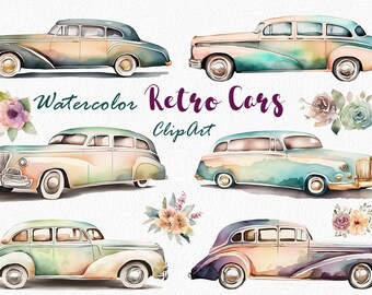 Watercolor Retro Limousine Cars Clipart: Hand-painted, vintage glamour for elegant designs, invitations, social media graphics, PNG