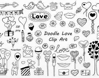 May include: Black and white doodle clip art collection with hearts, balloons, birds, flowers, and the word "Love." Includes a banner, envelopes, crowns, and a tree with heart-shaped leaves. The text "Doodle Love Clip Art" is also present.