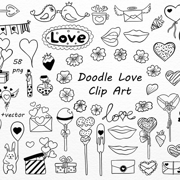 Doodle Love Clip art, liefde doodles clipart, Hand getekend, vector, EPS, AI, png, Valentijnsdag, Voor Persoonlijk en Commercieel Gebruik