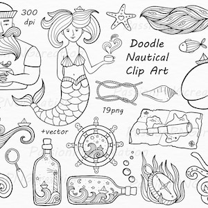 Doodle nautical clipart, Hand drawn marine clip art, 19 png files, eps, ai vector, For Personal and Commercial use
