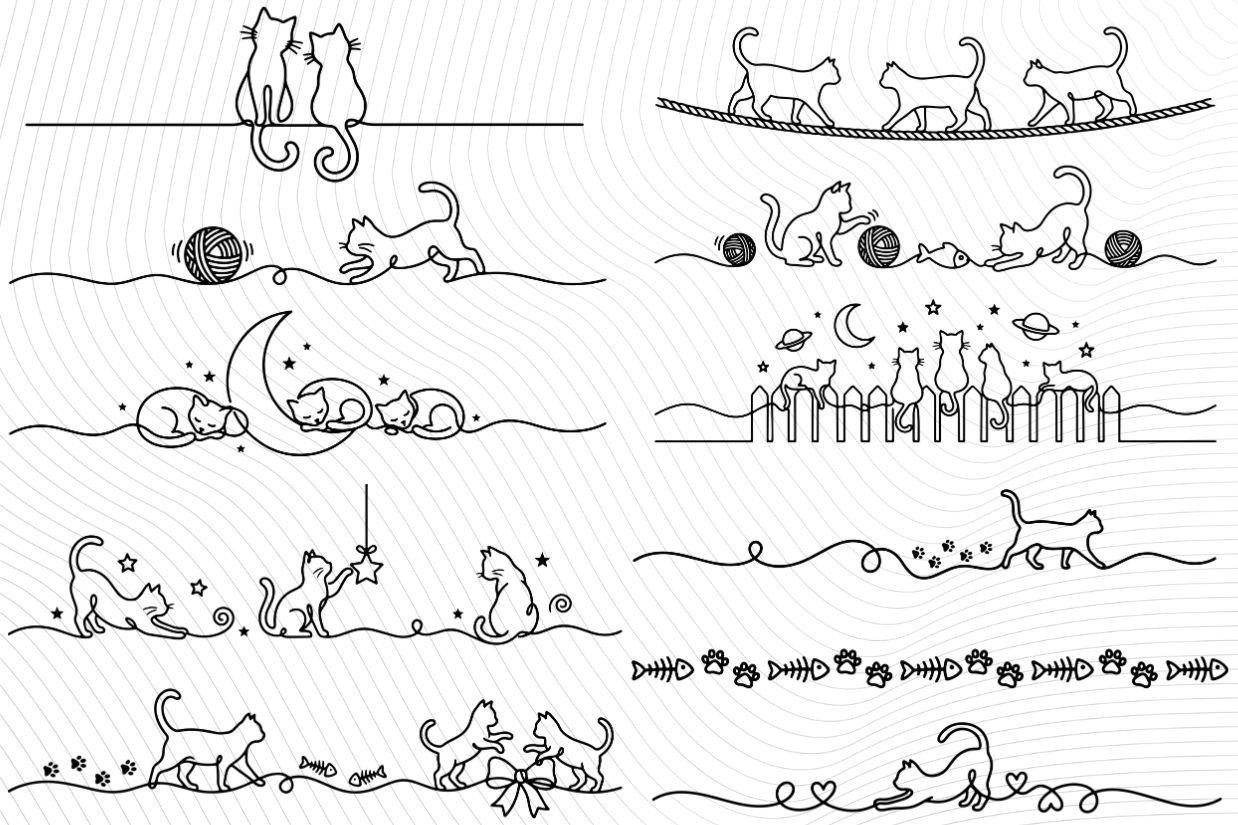 Doodle Cat Divider Clipart SVG Bundle, Kitten Line Art (commercial Use ...
