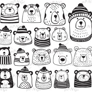 Bear faces in clothes, SVG Clipart Set, Bear Illustrations, Pet Graphics, coloring page, Files for Cricut, for Personal and Commercial Use