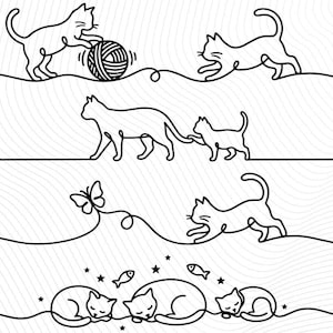 May include: A black and white line drawing of cats in various poses. One cat plays with yarn, others run, walk with kittens, and sleep. A butterfly and fish are also depicted.