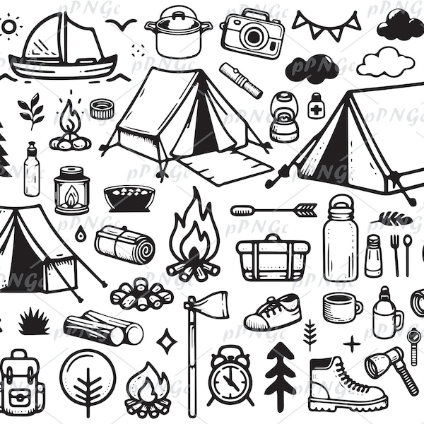 Camping SVG, Summer Svg, Camping Doodle Clipart, Cricut , Cut Files, Silhouette, Vector printable art, png, For Personal and Commercial Use