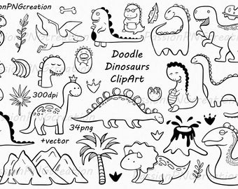 May include: A set of 34 black and white doodle dinosaur clip art images. The images include dinosaurs of various types, including a stegosaurus, a triceratops, and a pterodactyl. The images also include a volcano, a palm tree, and a mountain range.