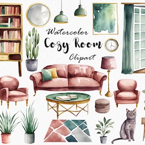 Cozy room furniture, Watercolor clipart, PNG, files, hand-painted digital illustrations, rustic and vintage style