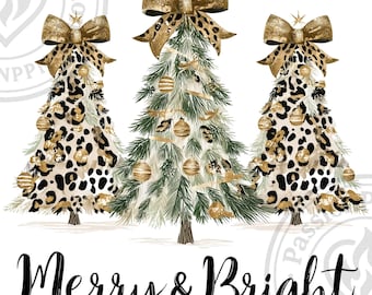 May include: Three Christmas trees with leopard print and gold accents. The trees are decorated with gold ornaments and topped with gold bows. The text "Merry & Bright" is written in black script at the bottom of the image.