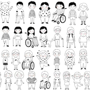 Pode incluir: Ilustração a preto e branco de crianças com várias capacidades e deficiências. As crianças são retratadas em diferentes poses, algumas usando cadeiras de rodas, muletas ou com cães de assistência. A imagem transmite inclusão e diversidade.