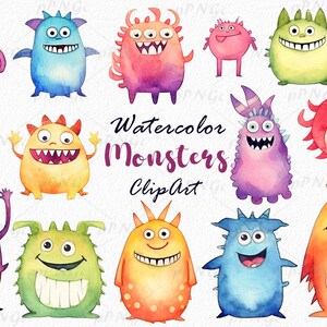 Aquarell Monster Clipart: Entzückende und bunte Kreaturen für Kinderbücher, Schreibwaren und mehr! Sofortiger Download verfügbar