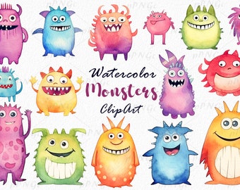 Watercolor Monster Clipart: Adorable PNG Graphics (Instant Download)