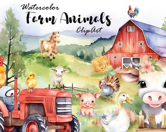 Watercolor Farm Animals Clipart: DIY Scrapbooking Elements (Digital Download)
