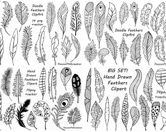 Hand Drawn Feathers Clipart: Doodle Feather Set (PNG, EPS)