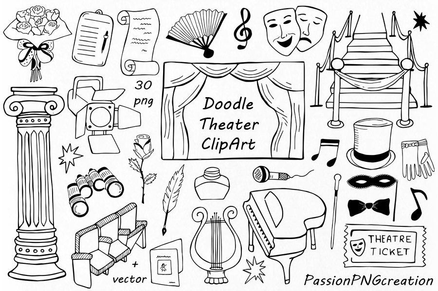 Doodle Theater Clipart Hand Drawn Theater Clip Art PNG EPS Etsy Australia