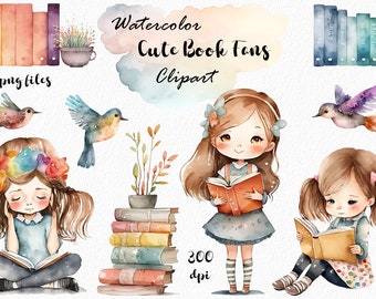 Watercolor Clipart of Cute Little Girls Reading Books - Perfect for Scrapbooking, Classroom Decor, and More!