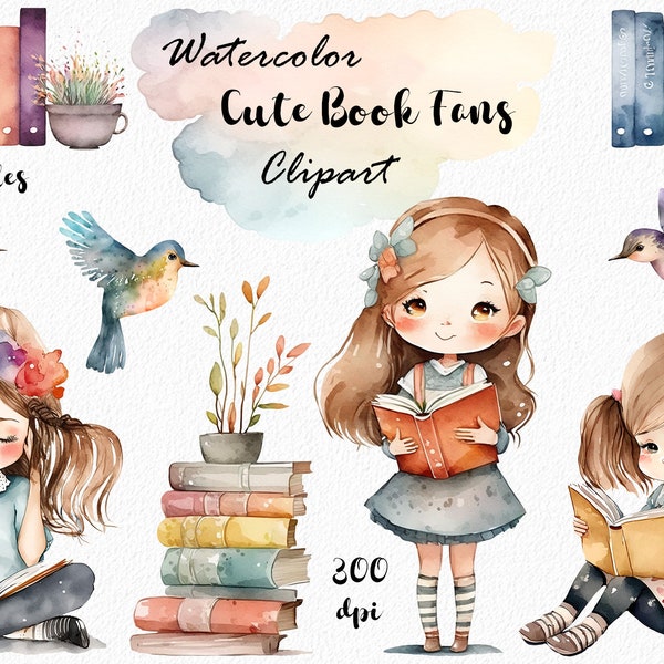 Watercolor Clipart of Cute Little Girls Reading Books - Perfect for Scrapbooking, Classroom Decor, and More!