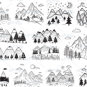 Montagnes Svg, Png, Eps, svg arbres, extérieur, paysage, Doodle Clipart, Cricut, art imprimable vectoriel, pour un usage personnel et commercial