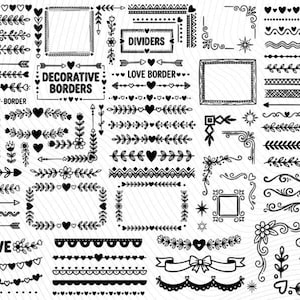 Può includere: Una collezione di bordi e divisori decorativi in bianco e nero. I disegni includono cuori, frecce, elementi floreali e cornici. Il testo include "Decorative Borders", "Dividers" e "Love Border."