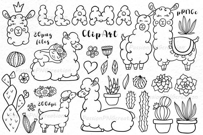 Doodle Llama Clipart, llama clip art, png, eps, ai, vector, llama silhouettes, digital stamps, instant download, Personal and Commercial Use image 1