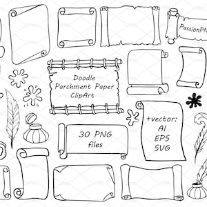 Clipart di carta pergamena, Clip art di carta pergamena, Rotoli di carta disegnati a mano, File di taglio per pergamena per silhouette, PNG, EPS, AI, SVG, vettore