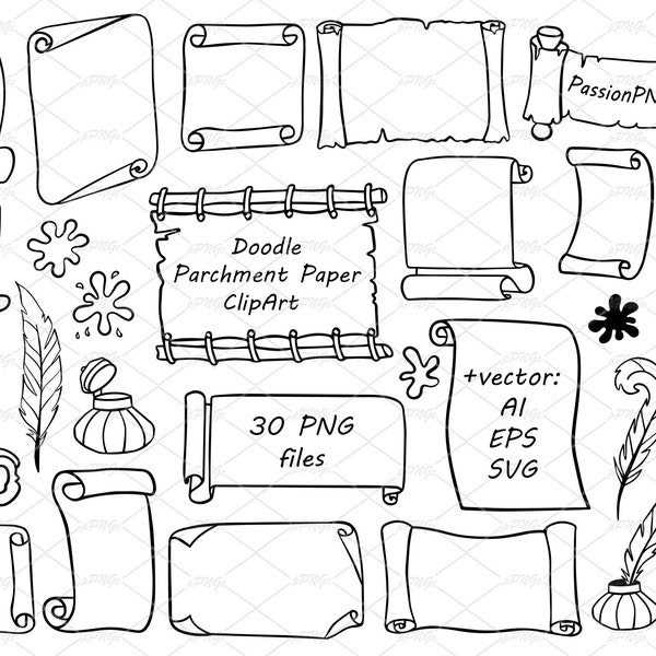 Doodle Scroll paper clipart, Parchment paper clip art, Hand drawn Paper Scrolls, Scroll Cut Files For Silhouette,Png, Eps, AI, SVG, Vector