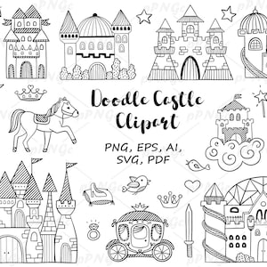 Doodle Castle Clipart, Castle Svg File, Fairy tale, png, svg, pdf, Princess house, Coloring Sketch, Princess clipart, scrapbook printable