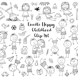 Vektor Kinder Clipart, Kinder svg, glückliche Kindheit ClipArt, Gekritzelkindclipart, druckbares Scrapbook, PNG, EPS, AI, Vektor