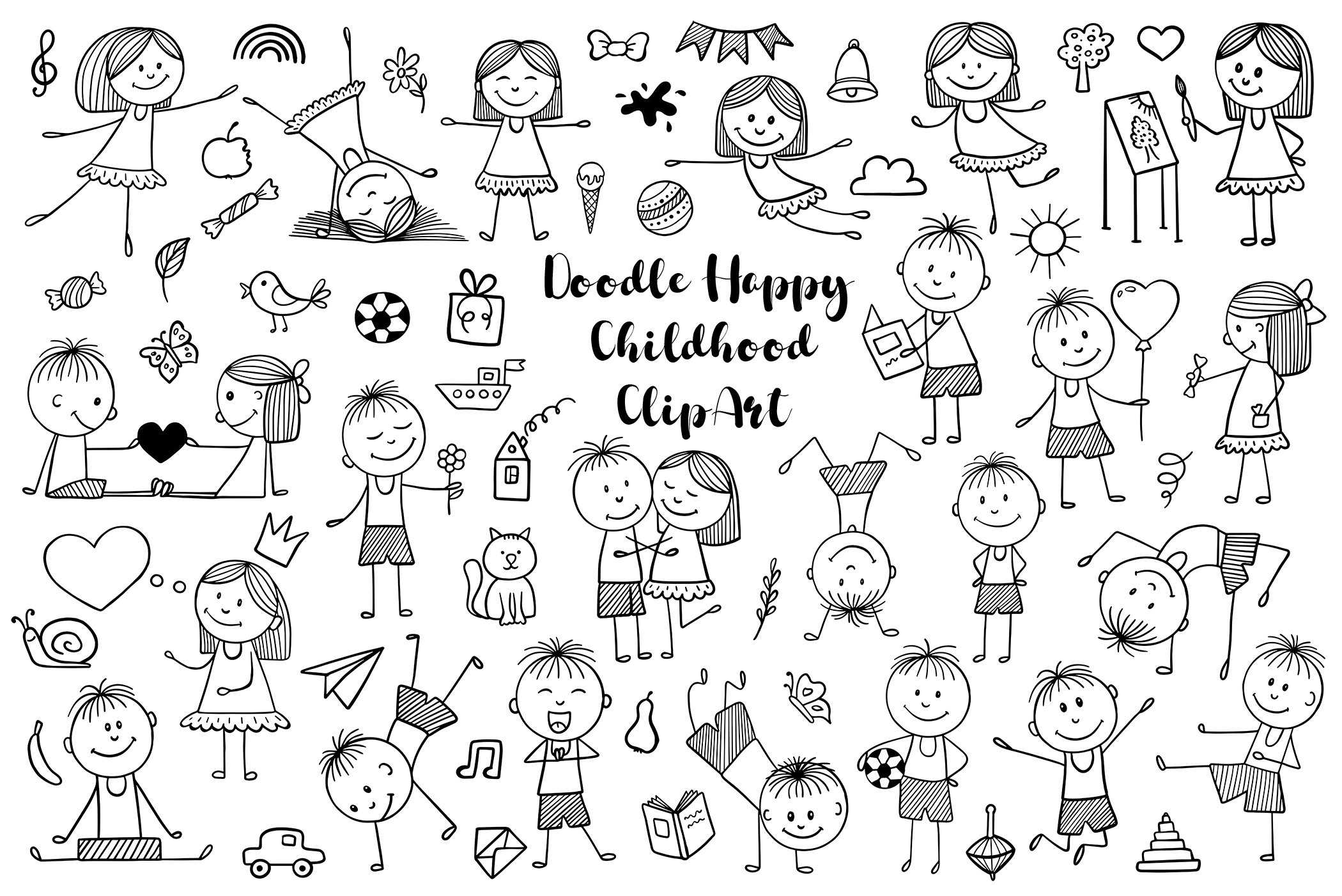 Vector clipart enfants, svg enfants, clipart enfance heureuse, clipart enfant Doodle, scrapbooking imprimable, PNG, EPS, AI, vecteur