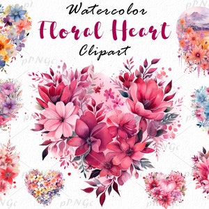 Clipart de acuarela de corazón y flor para San Valentín, 12 PNG, corazón floral PNG, clip art de corazón de flor, uso comercial