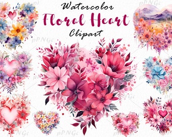 Heart Flower Valentines Day Watercolor Clipart 12 PNG, Floral Heart png, Flower Heart Clip art, commercial use