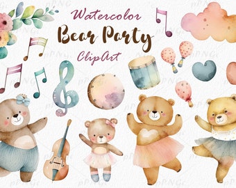 Watercolor Dancing Bears and Musical Clipart - Perfect for Music Lovers and Creative Projects, PNG,  musical instruments, musical notes