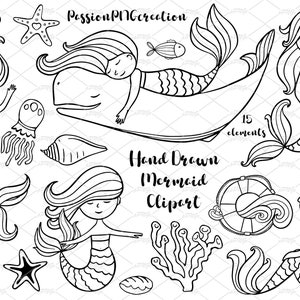 Hand Drawn Mermaid Clipart, Digital Stamps, Cute Coloring Mermaids, Sea Creatures, Mermaid Doodle, Craft, stickers, Transparent background image 1