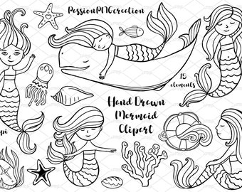 Hand Drawn Mermaid Clipart, Digital Stamps, Cute Coloring Mermaids, Sea Creatures, Mermaid Doodle, Craft, stickers, Transparent background