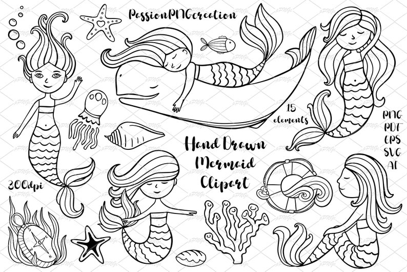 Hand Drawn Mermaid Clipart, Digital Stamps, Cute Coloring Mermaids, Sea Creatures, Mermaid Doodle, Craft, stickers, Transparent background image 1