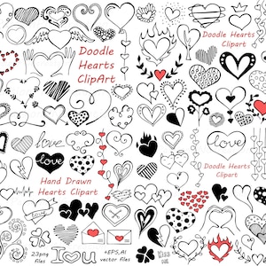 Doodle Hearts Clipart Set: 90 PNG, Vector EPS, AI Files (Digital Download)