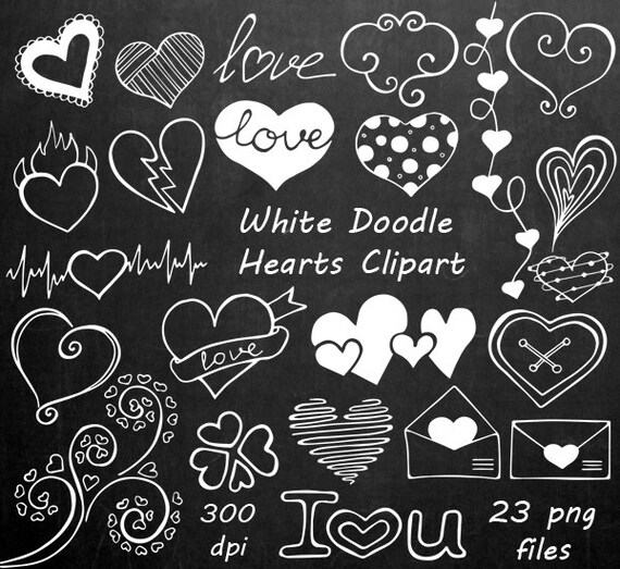White Doodle Hearts Clipart Heart Clip Art Digital Hearts Etsy