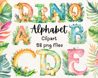 May include: Watercolor clipart of a dinosaur alphabet with 58 PNG files. The letters are colorful and have dinosaurs inside them. The letters are surrounded by green leaves and flowers.