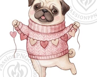 Watercolor Pug Valentine 10 PNG Bundle, Cute Pug in Pink Sweater Clipart, Love Heart & Gift, Sublimation Transparent 300 DPI
