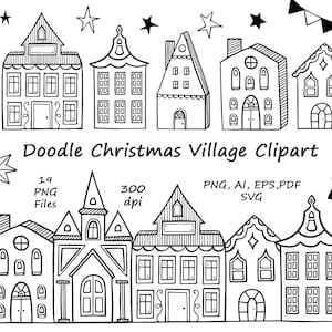 Doodle Christmas Village Clipart, Houses SVG, Christmas house, PNG , vector, hand drawn winter clip art, Christmas Coloring image 1