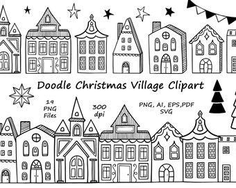 Doodle Christmas Village Клипарт, Houses SVG, Рождественский домик, PNG, вектор, рисованный зимний клипарт, Рождественская раскраска