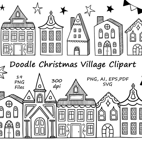 Doodle Christmas Village Clipart, Huizen SVG, Kersthuis, PNG, vector, handgetekende winter clip art, Kerstmis Kleuring