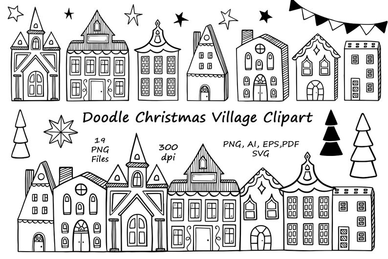 Doodle Christmas Village Clipart, Houses SVG, Christmas house, PNG , vector, hand drawn winter clip art, Christmas Coloring image 1