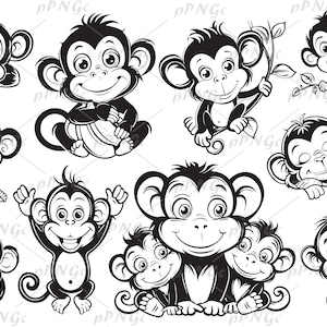 Cute Monkey Line Art Designs SVG Clipart Set, PNG, Files for Cricut, animal Graphics, coloring page, for Personal and Commercial Use