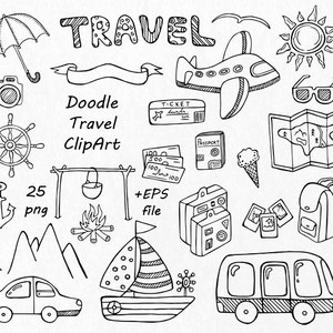 Doodle Travel Clipart, Hand Drawn Summer Clipart, Digital Clip Art, PNG ...