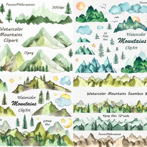 Grand ensemble de cliparts aquarelle montagnes, PNG, aquarelle montagne clip art, collines, graphiques de montagne, pour un usage personnel et commercial
