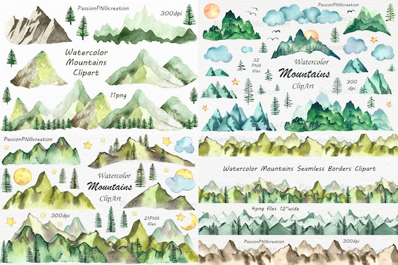 Big Set Of Watercolor Mountains Clipart Png Watercolour Mountain Clip Art Hillsmountain Graphics For Personal And Commercial Use - mountains clipart