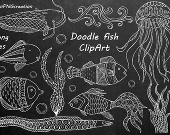 White Doodle Fish Clipart, Nautical Clip art, Hand Drawn, Digital Fish Clip art, PNG,  Line Art, For Personal and Commercial Use