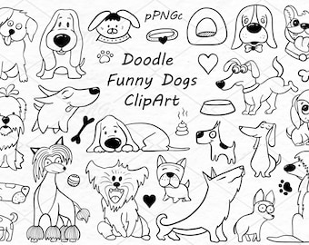 Puede incluir: Clipart de perros divertidos en blanco y negro, dibujados en líneas. Los perros están dibujados en un estilo de dibujos animados e incluyen una variedad de razas. El texto "Doodle Funny Dogs ClipArt" está incluido en la imagen.