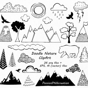 Doodle Nature Clipart, Hand Drawn Mountain Clipart, Clouds clip art, PNG, EPS, AI, vector, For Personal and Commercial Use