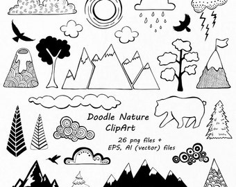 Doodle Nature Clipart: Hand-Drawn Mountains, Clouds (PNG, EPS, AI)
